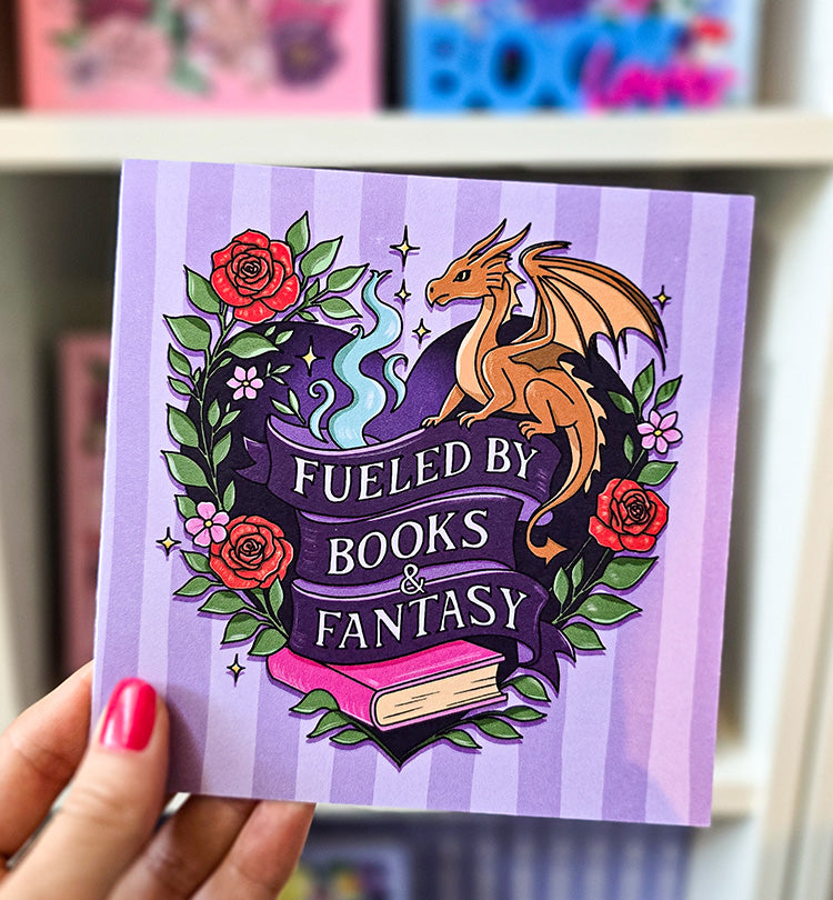 Fueled by books and fantasy - card